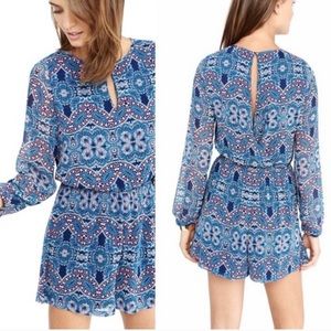 Express Blue Paisley Print Keyhole Long Sleeve Romper/Jumpsuit